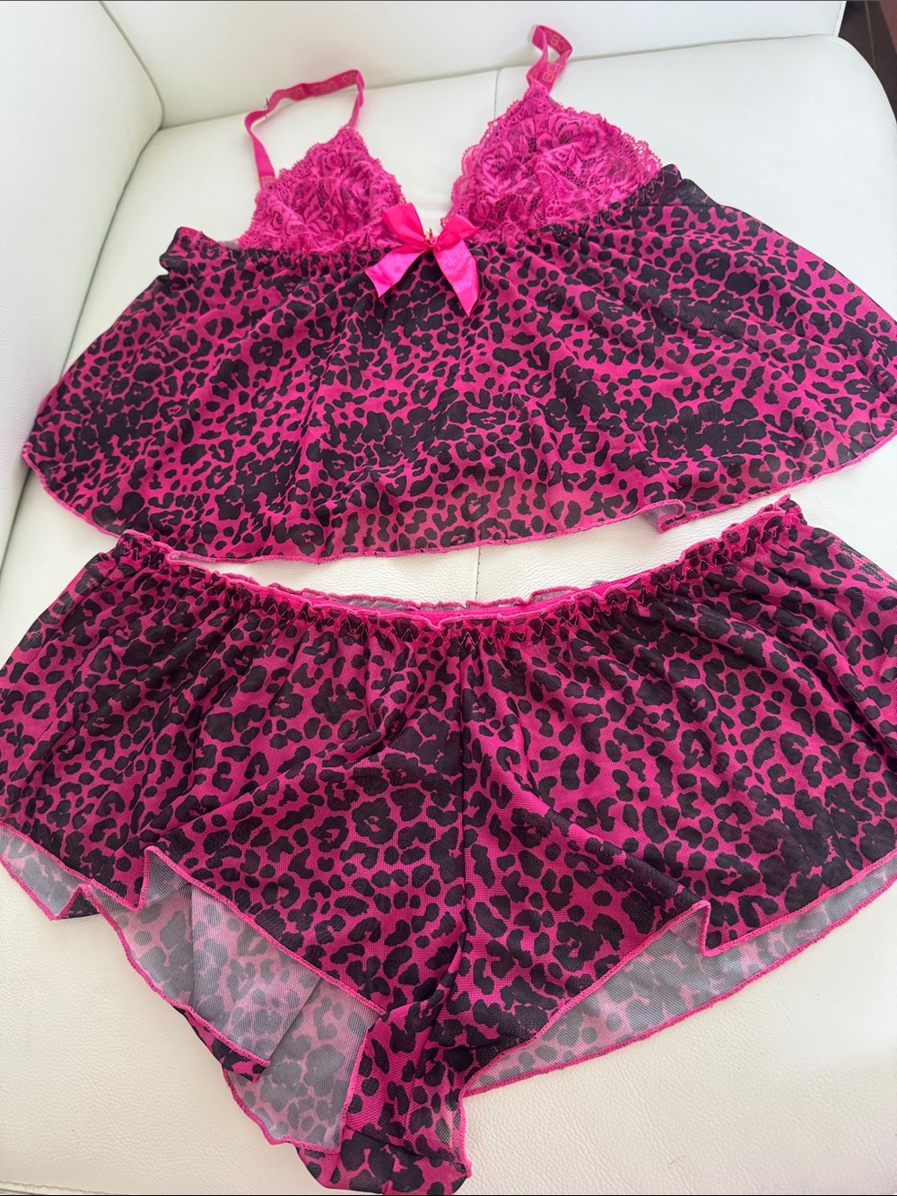 NWOT-BCBG Hot Pink & Black Leopard Lace Babydoll Sleep Set